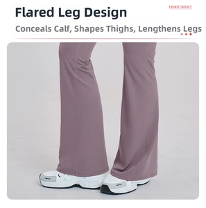 Detail view of flared yoga pants legs in lilac purple with stylish slimming cut