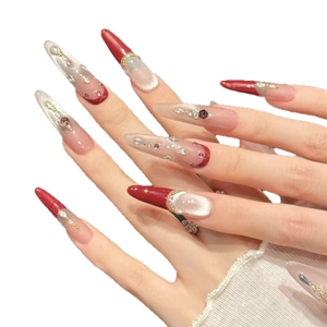 Faux ongles œil de chat rouge foncé avec strass de luxe et paillettes brillantes
