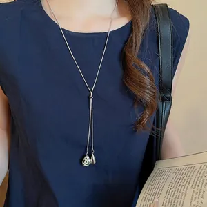 Maillard style Y-shaped necklace with silver double teardrop pendants and dalmatian jasper