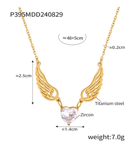 Macro shot of gold zircon heart wing necklace with detailed chain length measurements