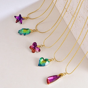 Golden stainless steel necklaces with colorful gradient crystal charms in various shapes