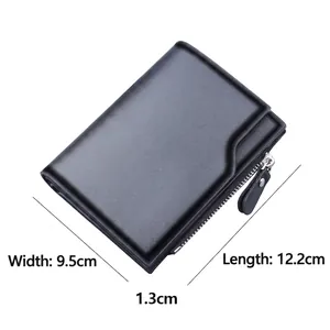 Men's tri-fold leather wallet with 13 card slots and zipper, size 12.2x9.5x1.3cm