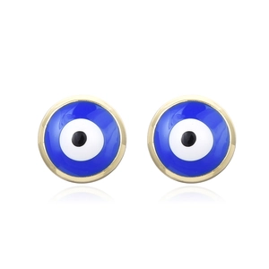Golden round evil eye stud earrings with blue enamel finish for women and girls
