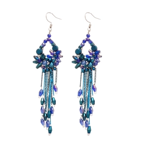Sparkling blue crystal tassel drop earrings with diamond-encrusted floral details