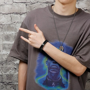 Men's double-layered leather bead bracelet set with silver prayer hand pendant necklace