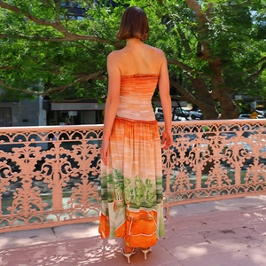 Elegant strapless backless maxi dress with orange gradient floral print for summer vacation