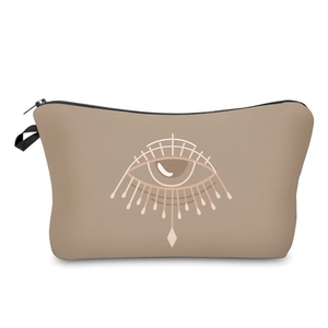 Beige canvas cosmetic bag featuring a bohemian evil eye pattern and black zipper closure