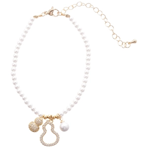 Elegant gold pearl necklace featuring double zircon hollow gourd pendants with white pearls