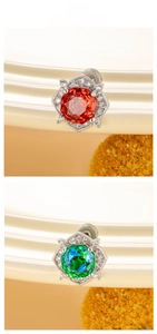 Detailed macro view of rose cluster stud earrings featuring red and green central gemstones