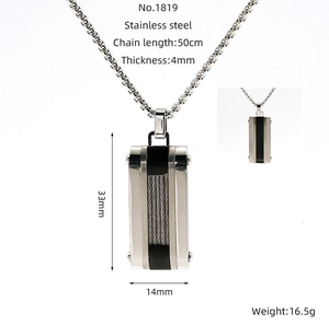 Detail view of rectangular stainless steel pendant with black inlay and box chain specs