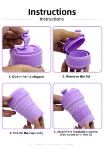 Detailed step-by-step instructions showing how to unfold the purple silicone travel cup
