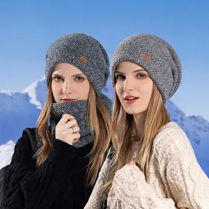 Bonnet En Tricot Et Écharpe De Cou Femme Hiver Acrylique Épais Chaud Doublé Peluche Coupe-vent Protection Oreilles