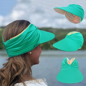 Women's wide brim sun hat in green and yellow with pleated design for outdoor sports