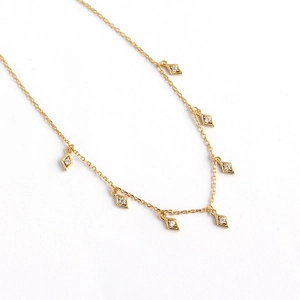 Elegant S925 silver necklace with golden finish and sparkling rhombic zircon pendants