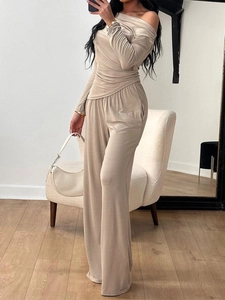 Chic beige one-shoulder long sleeve top and wide-leg trousers knit set for women