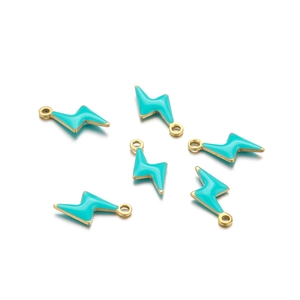 Detailed view of six gold-edged lightning bolt charms with turquoise blue enamel inlay