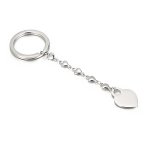 Silver stainless steel keyring featuring small heart chain and heart-shaped pendant
