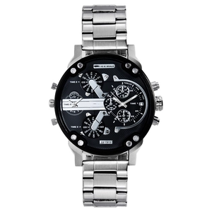 Big dial multi-timezone men's quartz watch with silver stainless steel strap