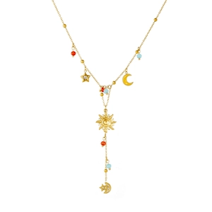 Gold stainless steel Y-necklace featuring sun, moon, and star charms with crystal accents