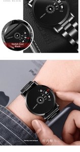 Detail of all-black stainless steel watch with eccentric multi-dial design on wrist