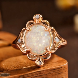 Macro detail of vintage rose gold ring with oval opal stone and intricate hollow patterns