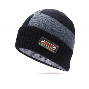 Winter knitted beanie hat and neck warmer set with thick fleece lining and leather patch