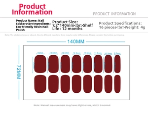 Detailed size guide for 16pcs solid color nail stickers with width dimensions shown