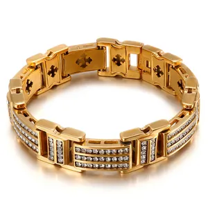 Bracelet pour homme en acier inoxydable doré 18K avec croix et zircons blancs