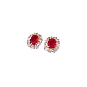 Vintage oval halo stud earrings with red zircon and sparkling gold metal frame