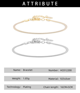 Detailed spec sheet showing gold and silver 925 sterling silver flat snake chain bracelets