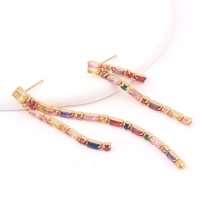 Elegant gold-tone long tassel drop earrings featuring multi-color rectangular zircon stones