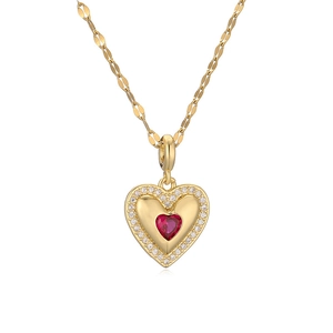 Minimalist gold wave chain necklace featuring a red heart pendant with crystal border
