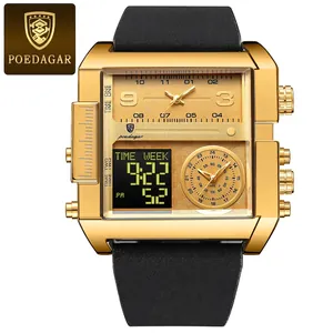 Men's luxury gold dual display quartz watch with black silicone strap and complex dial