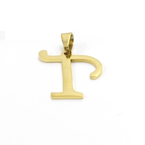 Macro shot of 18k gold-plated letter P pendant with bail on a clean white background