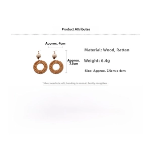 Detail view showing rattan woven earrings with dimensions of 7.5cm by 4cm and 6.4g weight