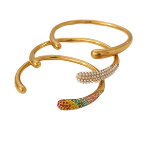 Three-piece stackable 18K gold plated cuff bracelets with colorful crystals and pearls