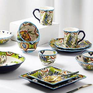 Bohemian Ceramic Dinnerware Hand Painted Floral Underglaze Tableware For Home Kitchen Microwave Dishwasher Safe