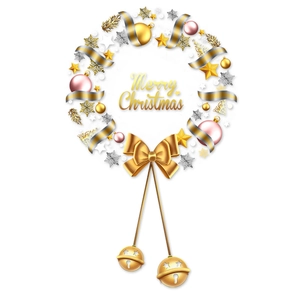 Golden Merry Christmas wreath window static sticker with bow and bells on white background