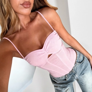 Sexy pink mesh corset top with lace-up detail and fishbone boning for women