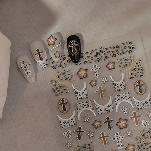 Nail stickers set with leopard print and vintage cross patterns for DIY manicure designs