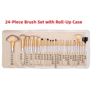 Detailed set of 24 professional makeup brushes with a beige leather rollup storage bag