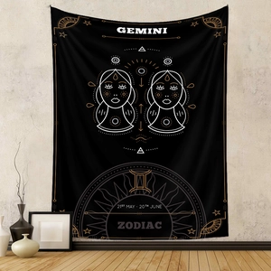 Detail of Gemini zodiac tapestry hanging on a light wall with bohemian decor aesthetic