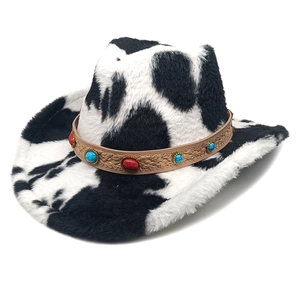 Chapeau De Cow-Boy Peluche Fausse Fourrure Imprimé Vache Western Boho Bande En Cuir Décor De Pierres Précieuses Mode Pour Femmes