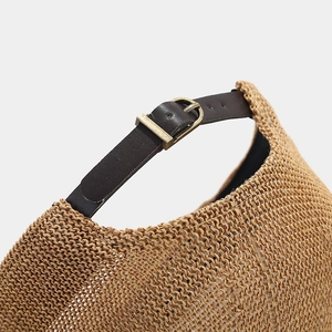 Breathable khaki woven straw baseball cap featuring a dark brown adjustable leather strap