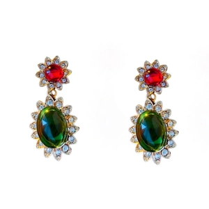 Vintage palace style oval floral earrings with red and green gemstones in gold setting