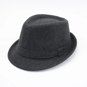 Classic dark grey wool fedora hat with elegant brim for men in a 45-degree side view