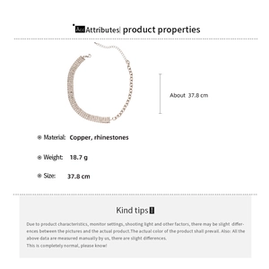 Product size guide for rhinestone chain necklace featuring copper material and dimensions