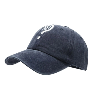 Retro washed navy blue cotton baseball cap with white swirl embroidery in a vintage style