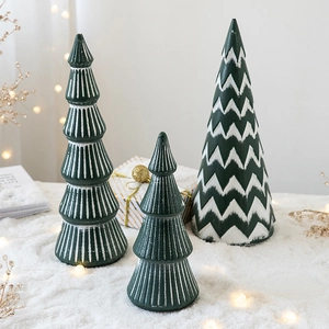 Three-piece set of Morandi green mini Christmas trees with white hand-painted patterns