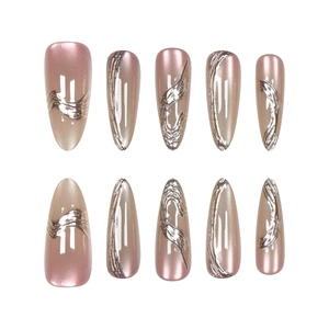 Champagne pink metallic gradient press-on nails with 3D silver liquid metal waves